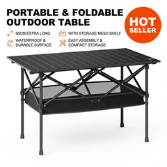 Portable Folding Camping Table With Mesh Storage Shelf