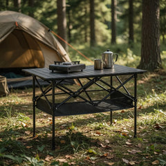Portable Folding Camping Table With Mesh Storage Shelf