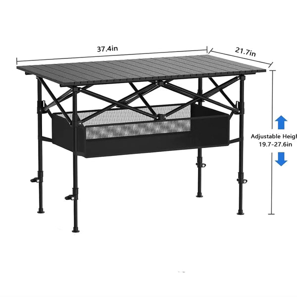 Portable Folding Camping Table With Mesh Storage Shelf