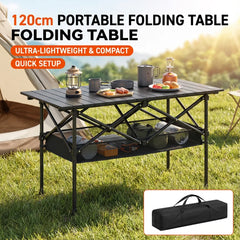 Portable Folding Camping Table With Mesh Storage Shelf