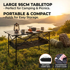 Portable Folding Camping Table With Mesh Storage Shelf